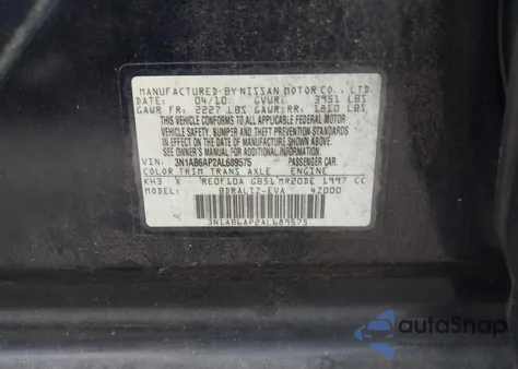 2010 Nissan Sentra 2.0Sr z USA, uszkodzony, nr VIN 3N1AB6AP2AL689575